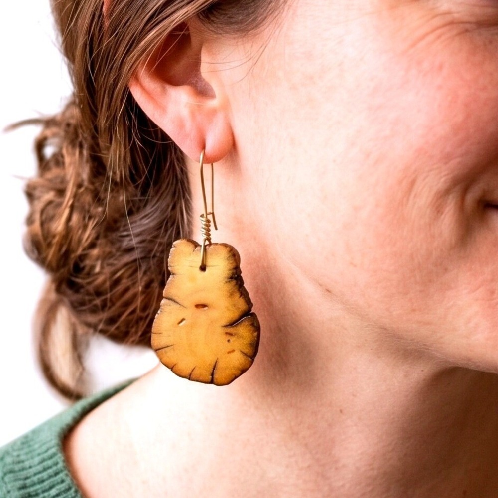 Vintage Natural Burl Wood Guitar Shaped Dangle Earrings Organic Studio Boho